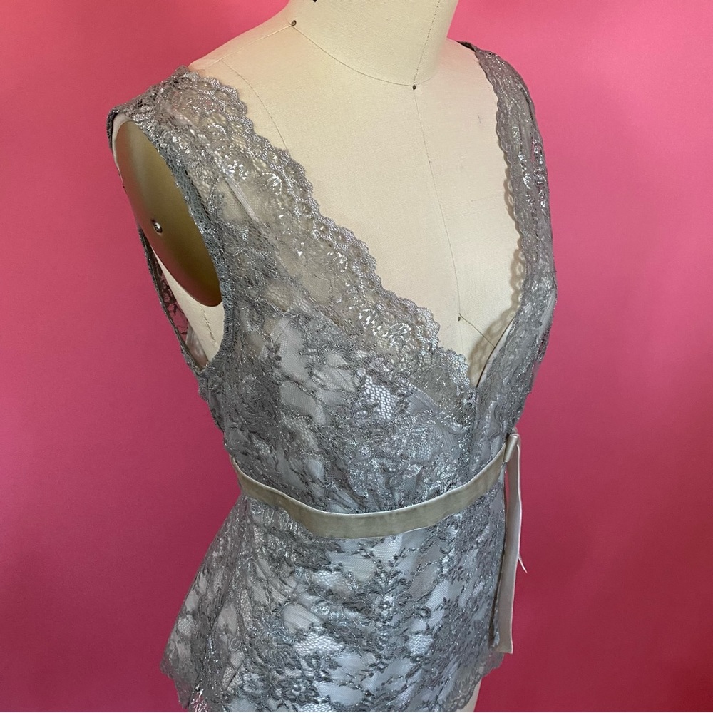 Y2K FairyCore WhimsiGoth Silver Metallic Lace Empire Waist Velvet Adorned Tank 8 - Picture 6 of 17
